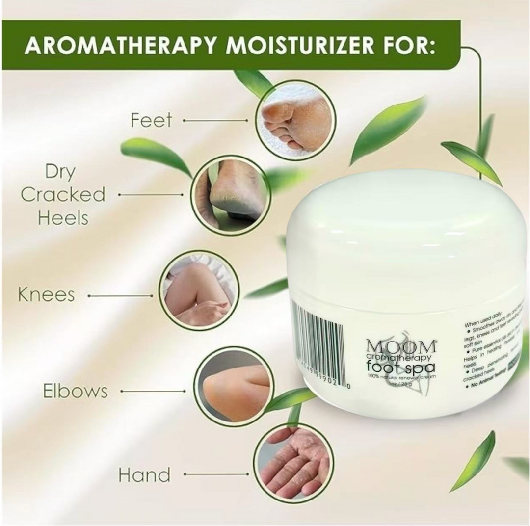 MOOM Foot Spa Cream – 100% Natural Foot Renewal, foot cream infused with Essential Oils for Soft, Smooth Feet, Aromatherapy Moisturizer for Dry, Cracked Heels,Feet,Knees,Elbows,Hands (1oz)(4unit)
